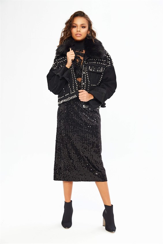 In-Design Black Shearling Studded Denim Jacket
